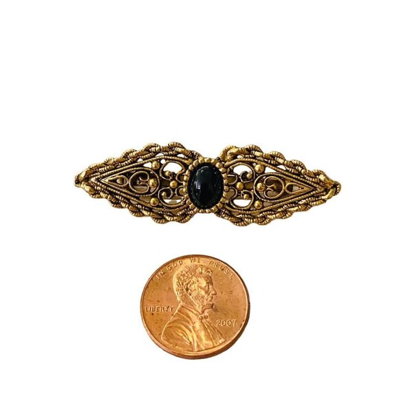 Vintage Victorian Style Brooch Goldtone Black Pin Filigreee Intricate 2" Length - Picture 15 of 16